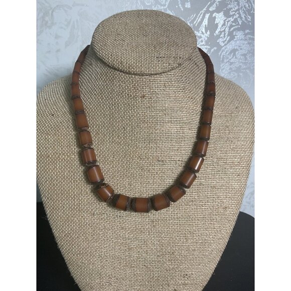 Vintage Brown Beaded Necklace With Barrel Clasp & Bamboo Design - Picture 1 of 4